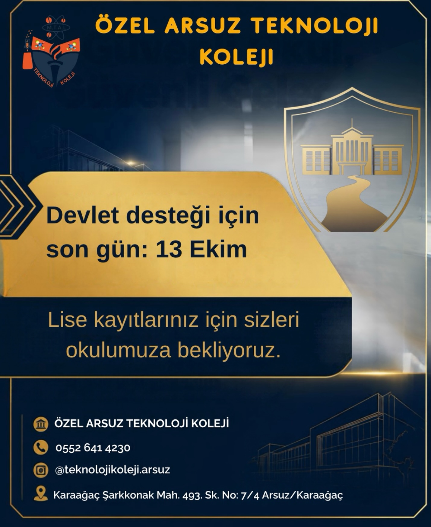Öğrencilerimize sunulan devlet desteği olanaklarından faydalanmak için son başvuru tarihi 13 Ekim’dir. (Instagram paylaşımından görsel)